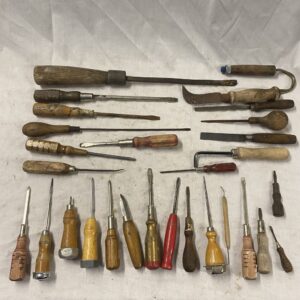 29 piece wood handle tool lot screwdriver, pick, awl, knife, lumber crayon, file