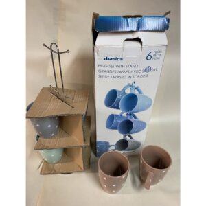 Home Basics 6 Piece Polka Dot Mug Set with Stand, Multi-Color Pastel