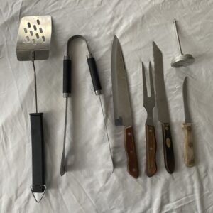 7 x BBQ Utensils Mixed Set, Spatula, tongs, knife, thermometer