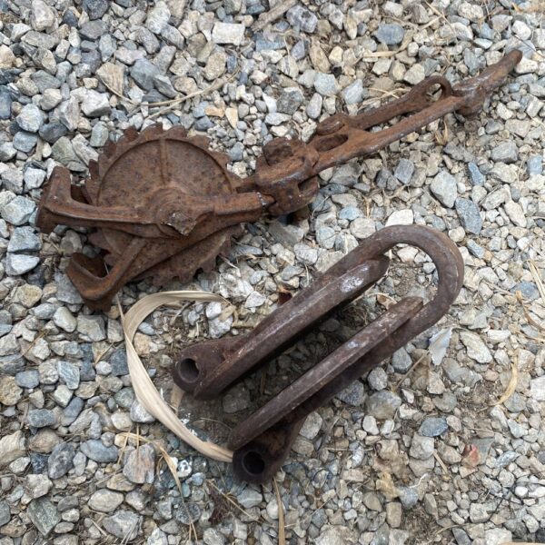 vintage fence stretcher and pulley? Rusty Metal Yard Art - Image 2